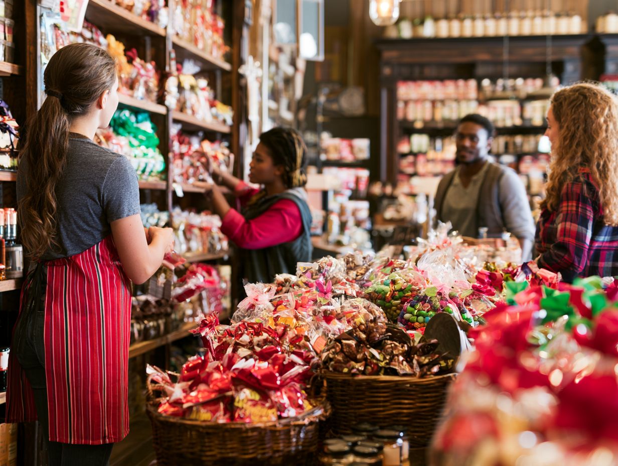 A store owner arranging a chocolate and candy display in a busy shop